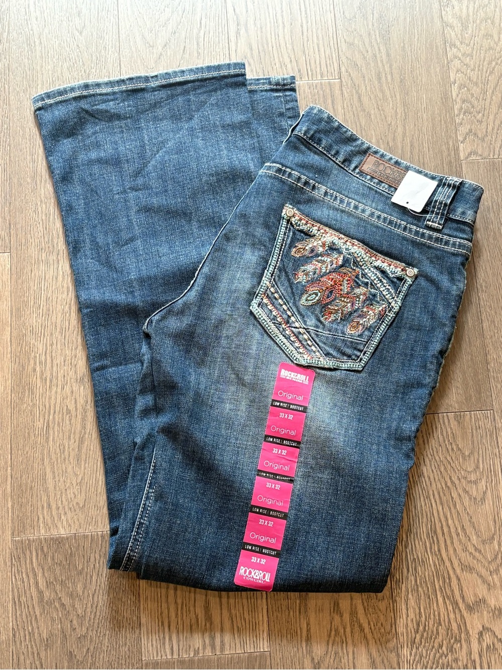 Rock & Roll Cowgirl Dark Blue Embroidered Pocket Boot Cut Jeans